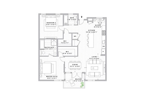 Floor plan for 2 beds, 2 baths, 1230 sqft